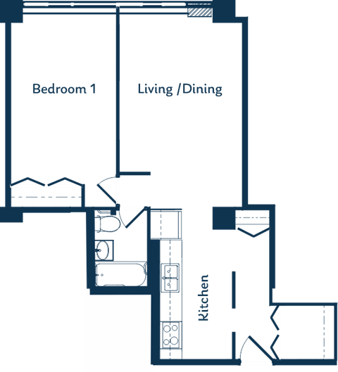 Floor plan for 1 bed, 1 bath, 714 sqft